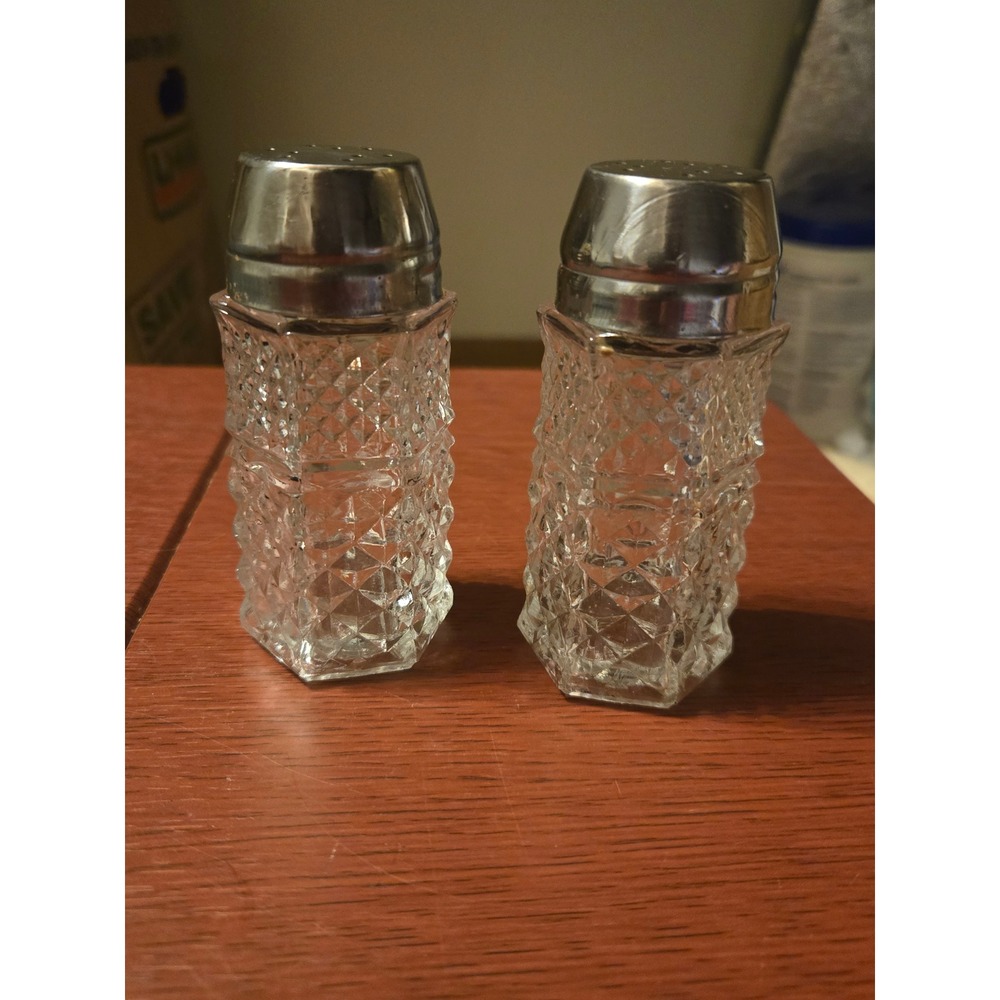 Vintage Glass Salt and Pepper Shakers Set Diamond Pattern Clear Silver Lids
